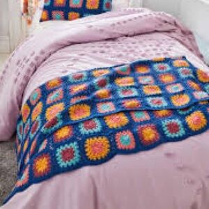 Wild Sage Granny Square Crochet Throw Blanket 50"X60" Navy Blue Peach Multi